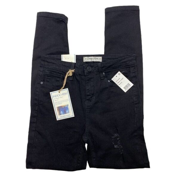 Indigo Rein Ripped Distressed Skinny Jean Jeggings Women's 25‎ Black Stretch NEW - Picture 1 of 12